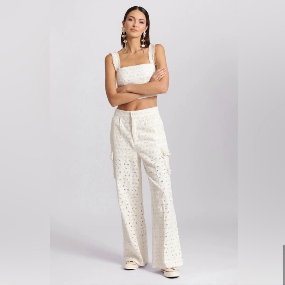 Avec Les Filles Ivory Embroidered Wide Leg Pants